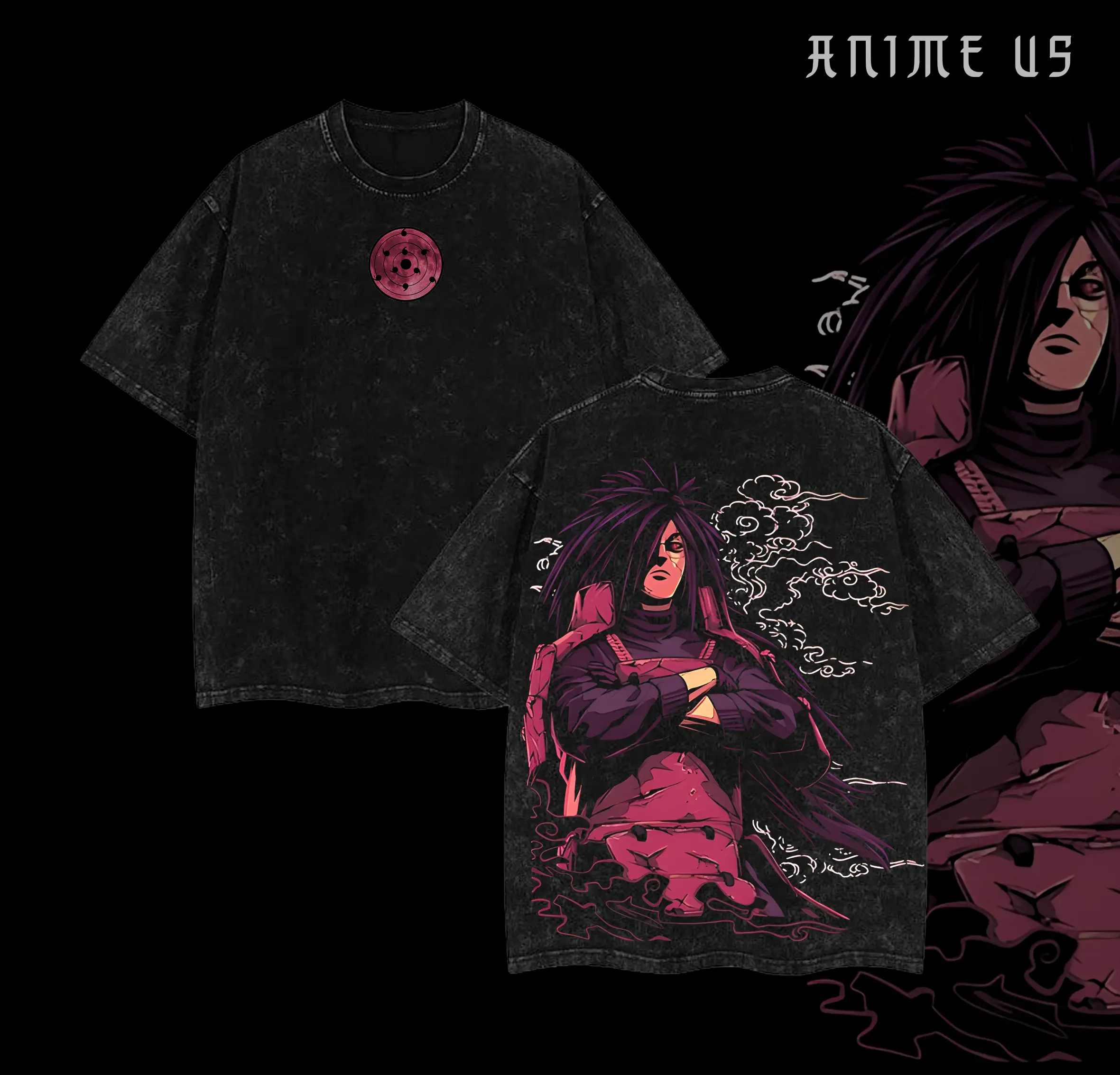 Madara Uchiha x Naruto Anime Double Printed Vintage Washed Tee Unisex Oversize Anime Manga Washed Heavyweight Cotton T-shirt Naruto Merch Madara Fan