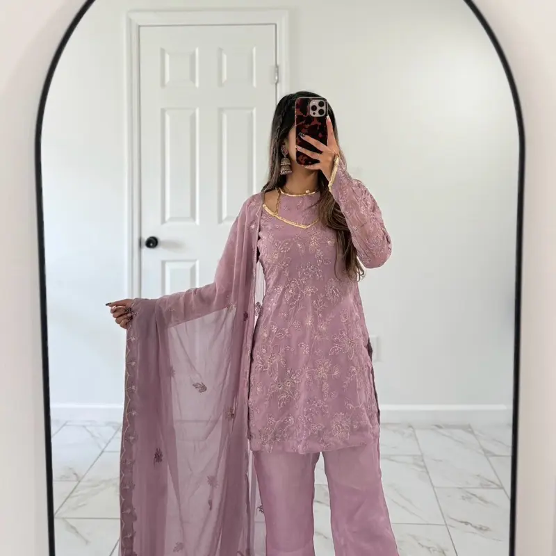 Women's Y2K-Inspired 90s Lavender Chiffon Dress with Gold Tassels, Sequin-Printed Top and Palazzo Pants, Casual Womenswear Summer Long Sleeve