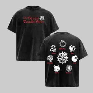 The Seven Deadly Sins Anime Graphic Tee Mens Oversized Vintage Washed T Shirt Heavyweight Cotton Meliodas Ban Escanor Sin Symbols Japanese Retro Streetwear Y2K Casual Summer Tops Trending Tiktok Viral Unisex Harajuku Clothing Manga Gift