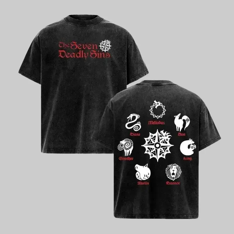 Men's Oversized Vintage Washed The 7 Deadly Sins Anime Graphic Tee - Heavyweight Soft Cotton, Round Neck, Short-Sleeve Menswear, Meliodas/Ban/Escanor Sin Symbols, Japanese Retro Streetwear, Y2K Harajuku Unisex Apparel, Casual Summer Top, Manga Gift