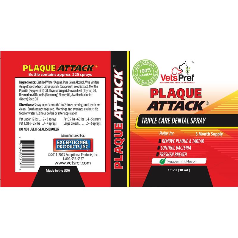 Vets Ref Plaque Attack Pet Dental Spray - 1oz - Multi-Purpose Dental Treatment for Flouride, Calcium & Gingivitis Prevention