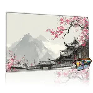 East Asian Ink Wash Landscape Cherry Blossom MTG Playmat Gaming Mousepad Desktop Accessory Desk Accessories - 12x24in Non-Slip TCG Game Mat, Ideal for Family Gathering & Gifting, Perfect for MTG/TCG Card Games with Traditional Architecture & Blossom Art