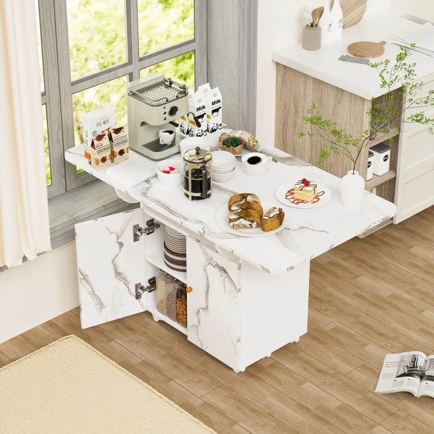 Folding Dining Table for 4-6 with storage rack and cabinet, Removable Entryway Table with 6 Wheels, White Marble Color Kitchen Island, Side Table and Coffee Table Versatile Table Space Saving