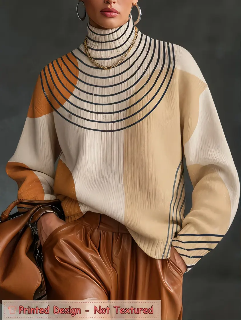 2026 New Women's Printed Long-Sleeve Thick High-Neck Sweater Knit Top, with Color-Blocked Patterns, Featuring a Fashionable Casual Style and Soft, Comfortable Fabric, Perfect for Fall and Winter