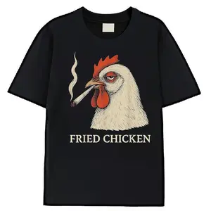 100% Premium Cotton T-Shir Smoking Fried Chicken Joint Graphic & Culture Tee Crew Neck Short Sleeve Casual Shirt with Cartoon Rooster Design
