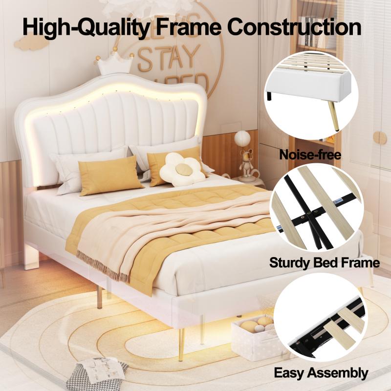 【Bellemave】Twin Size Upholstered Bed Frame with LED Lights,Modern Upholstered Princess Bed With Crown Headboard,White