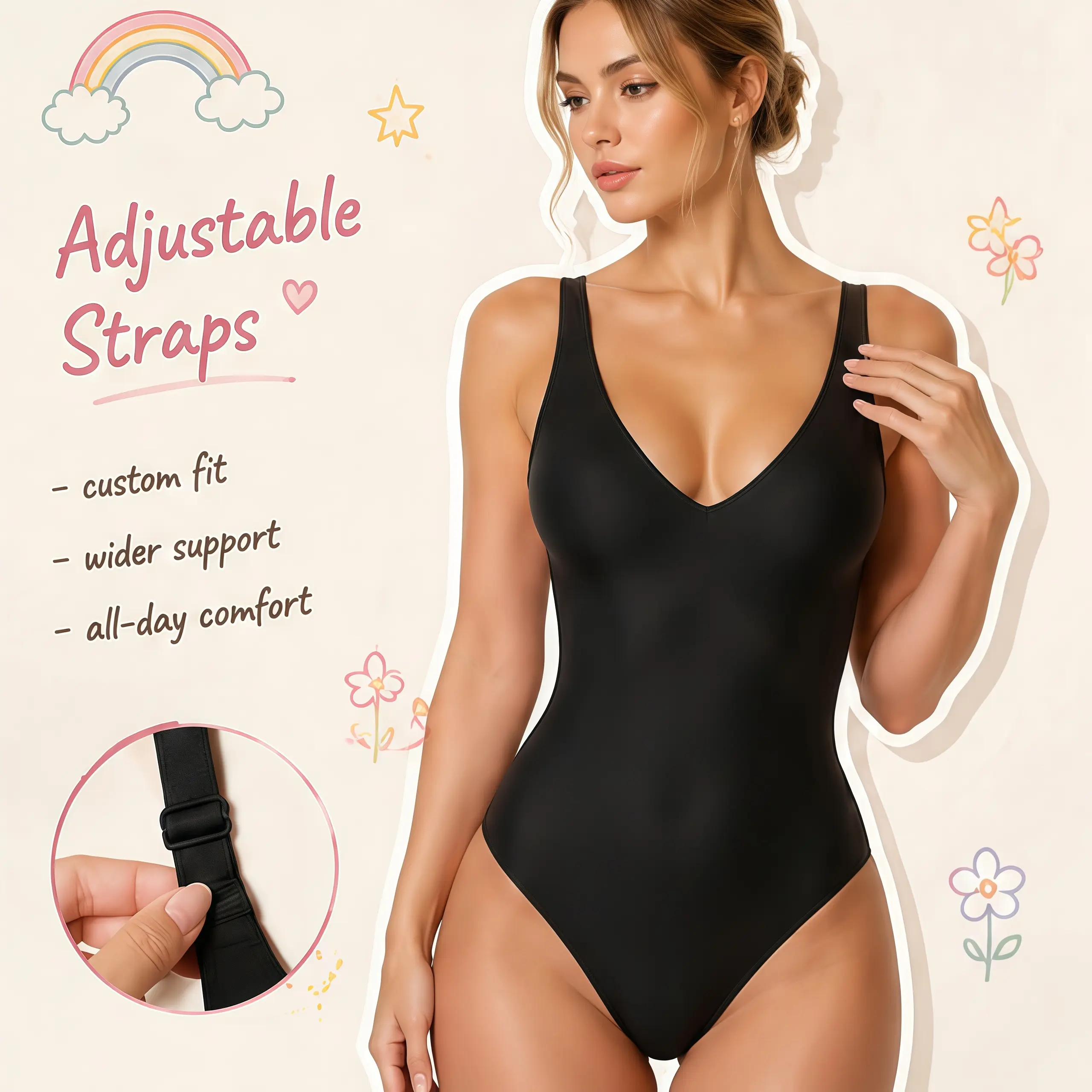 [Sculptella shop]Smooth Seamless Plunge Thong Bodysuit – Invisible Under Clothes Shapewear