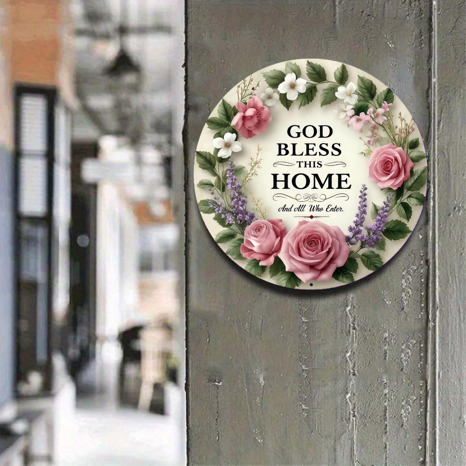 8in Round Shape Waterproof Metal Sign - Christian Homes Wall/Entryway Decor, Vintage Distressed Aluminum Plaque with Pink Rose, Lavender, White Blossom Flowers, Farmhouse Front Door Gift