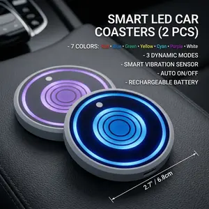 2PCS LED Car Cup Holder Lights 7 Color RGB USB Rechargeable Coasters Smart Sensor Interior Decor Gift