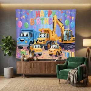 1pc Construction Vehicle Birthday Tapestry, Soft Polyester Wall Art for Living Room Bedroom Party Backdrop Apartment Studio, Festive Trucks Excavator Fabric Mural, Lightweight Durable Decor.