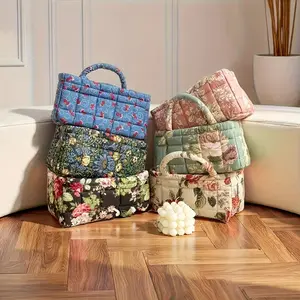Vintage Floral Print Quilted Storage Basket, Foldable Handbag, Collapsible Storage Baskets, Large Capacity for Women's Cosmetics Toys Snacks, Multiple Colors Available