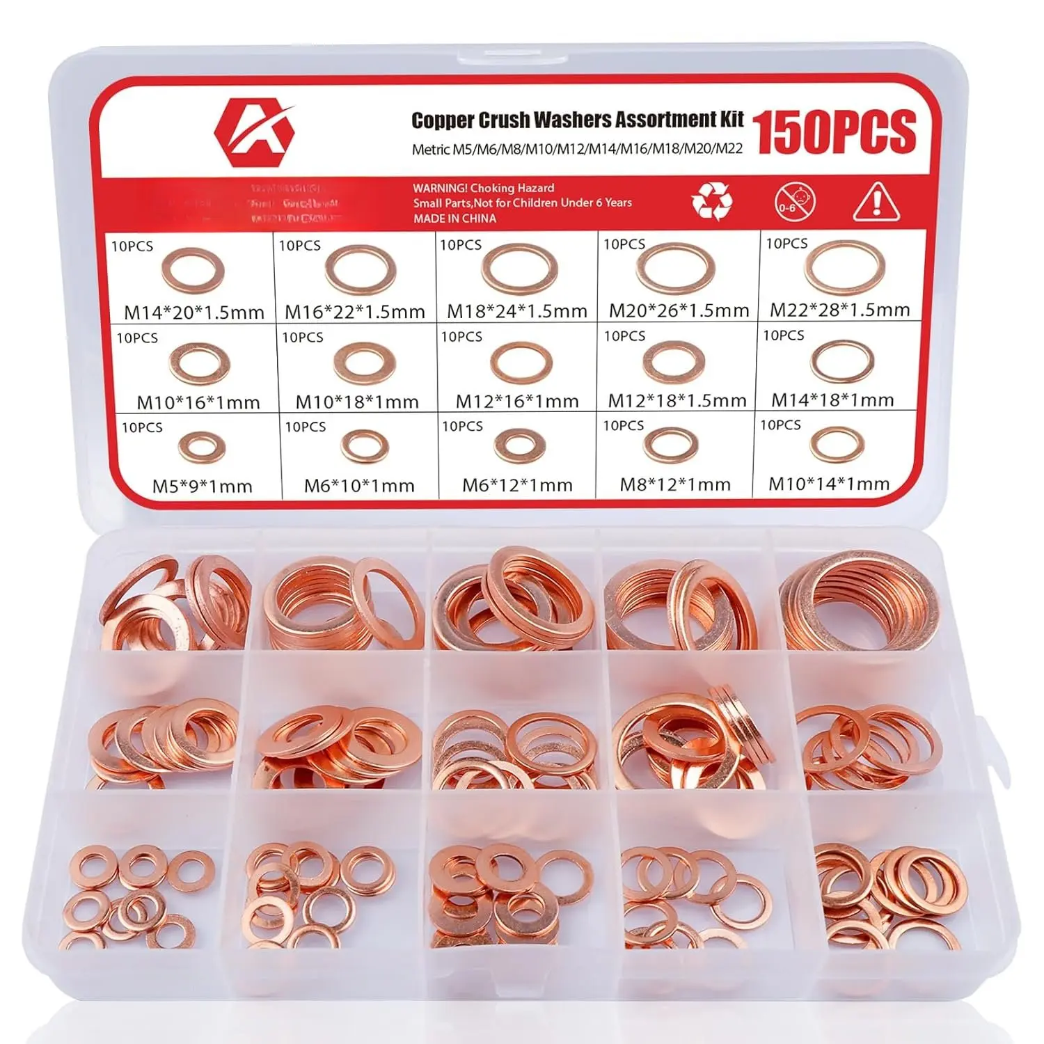 150 count Copper Sealing Washers M22 M20 M18 M16 M14 M12 M10 M8 M6 M5 15 Size Crush Washers  Kit (Copper)