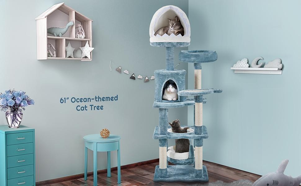 Yaheetech 45/61/72″ Ocean-themed Cat Tree, Multi-Level Plush Cat Tower with Condo, Sisal Scratching Posts and Perches