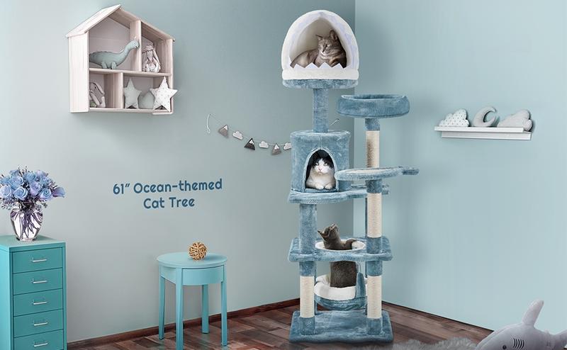 【Valentine Gift】Yaheetech 45/61/72″ Ocean-themed Cat Tree, Multi-Level Plush Cat Tower with Condo, Sisal Scratching Posts and Perches