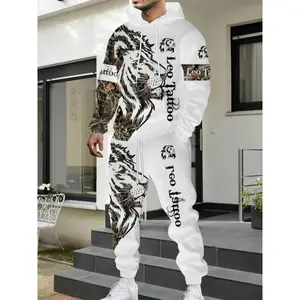 1set Fashion Street Style Men'S Lion Letter Print Hoodie and Sweatpants Set, Casual Weekend Wear, Polyester Knit Fabric with Slight Stretch, Animal Pattern, Regular Fit, for Spring/Fall