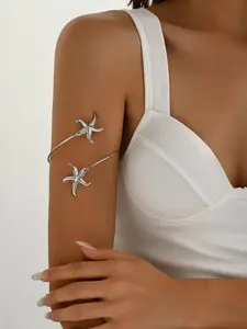 Women's Silver Color Starfish Arm Cuff Bracelet, Fashionable Bracelet, Bohemian Style Dual Starfish Design, Adjustable Open Coil, Perfect Gift for Summer Vacation, Adjustable Fit
