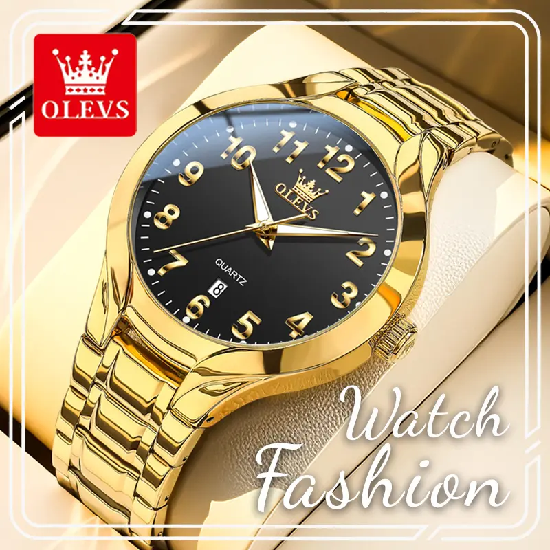 OLEVS 3650 Luxury Men Quartz Watch, 42mm Large Black Dial with Big Arabic Numerals, Single Date Window Luminous Hands Waterproof Full Gold Stainless Steel Bracelet Wristwatch, Classic Business Daily Wear & Father’s Day Birthday Gift for Men