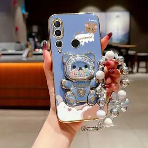 Pearl Strap Lanyard Y9 Prime 2019 Durable Plating Phone Holder Case Compatible With for Huawei Y9 Prime 2019 Cute Little Bear Pink Bow Love Heart Case Cover for Popular Decorative Phone Protector