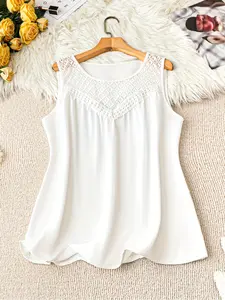 Elegant Minimalist Plus Size Womenswear Women's Shirt, Casual Lace Trim Sleeveless Blouse, Round Neck Loose-Fitting Basic Top, New Fashion Style