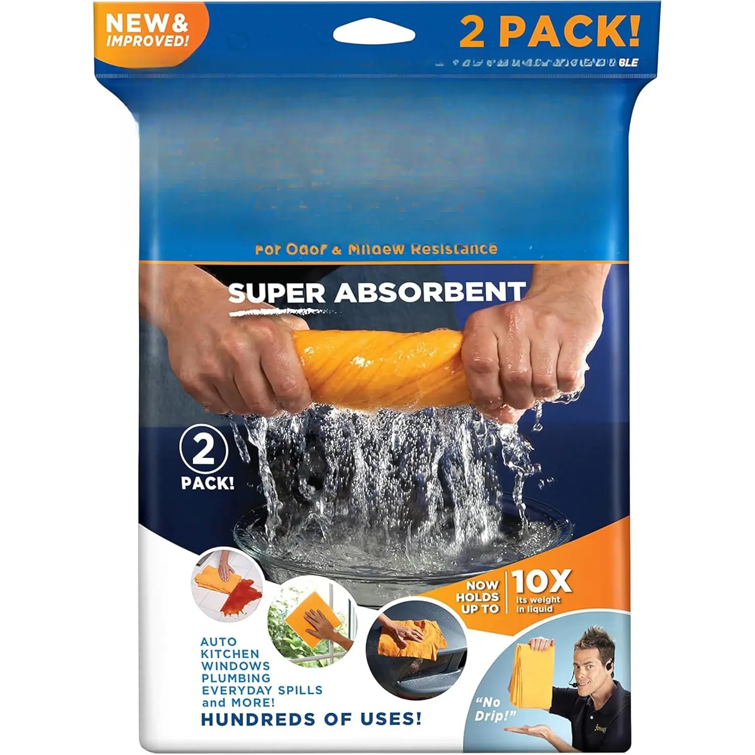 Super Absorbent Multi-Purpose Cleaning Shammy Chamois Towel Cloth - Holds 10X its Weight in Liquid - Machine Washable - Will Not Scratch (2 Pack, Orange)