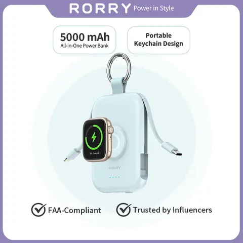 RORRY 5000mAh 3-in-1 Portable Charger with Built-in USB-C & Lightning Cables + Magnetic Apple Watch Wireless Charging – Fast Charging for iPhone & Apple Watch Android Gadgets Smartphone