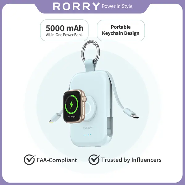 RORRY 5000mAh 3-in-1 Portable Power Bank with Built-in USB-C & Lightning Cables + Magnetic Apple Watch Wireless Charging – Fast Charging for iPhone & Apple Watch Android Gadgets Smartphone summerwins