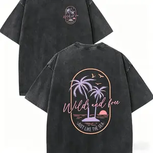 180g[100%cotton] Washed Cotton T-Shirt - Vintage Surf Style Tropical Beach Sunset Palm Tree & Surf Graphic Print, Light Pink & Orange Retro Design, Oversized Relaxed Fit Crew Neck Short Sleeve, Soft Breathable Fabric for Vacation, Surfing, Casual
