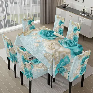 5/7-piece 2D Flat Printing Spring Joy Blue White Roses Butterflies Printing Pattern Tablecloth and Chair Cover Set, for dining table and chair decoration, perfect for home, holiday gatherings, restaurants, and parties.
