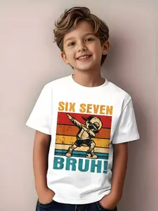 New Fun Six Seven Bruh Internet Meme T-Shirt, Unisex Kids Short Sleeve, Casual Round Neck, Comfortable Medium Stretch Fabric, Graphic Tees