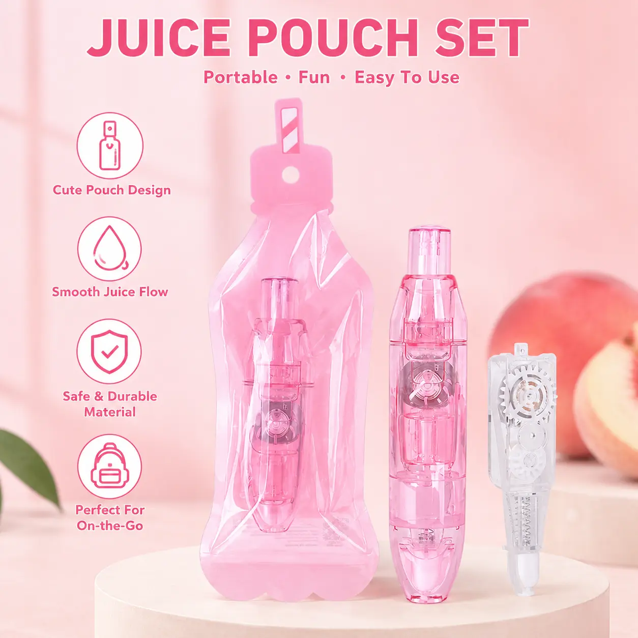 1 Count, Peach Juice Drink Shaped Correction Tape with Extra Refill, 6m Long 5mm Wide, for Student School and Daily Office Writing Correction