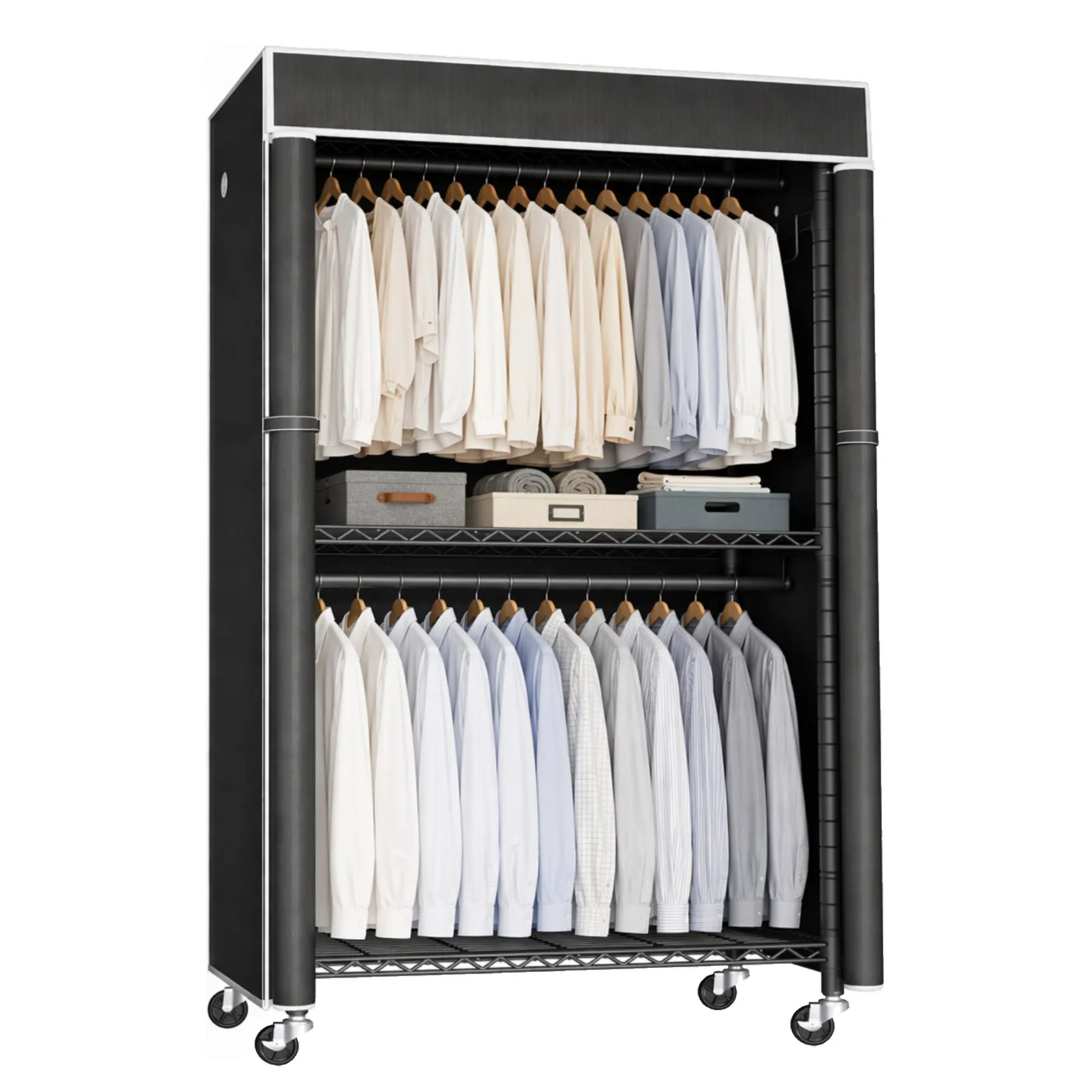 Freestanding Garment Rack with Dust Cover, Single Hanging Rod Metal Clothes Closet with Storage Shelf, Side Hooks & Rolling Wheels, Portable Clothing Wardrobe Organizer for Bedroom Storage, Black Iron, Black Color Options, Iron Material