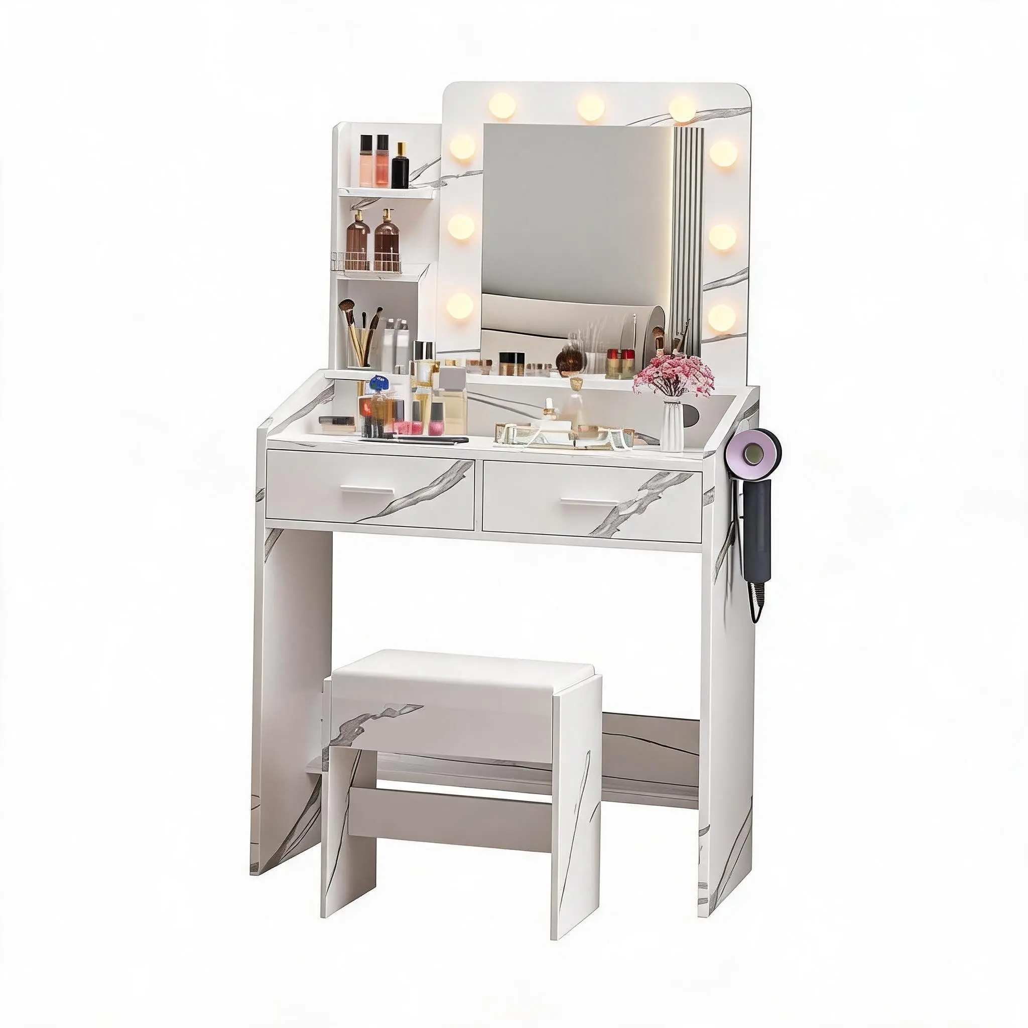 Marble White Vanity Table Set with Large Mirror Dimmable LED Lights 7 Drawers Cushioned Stool Adjustable Lighting Power Outlet Hairdryer Holder for Bedroom