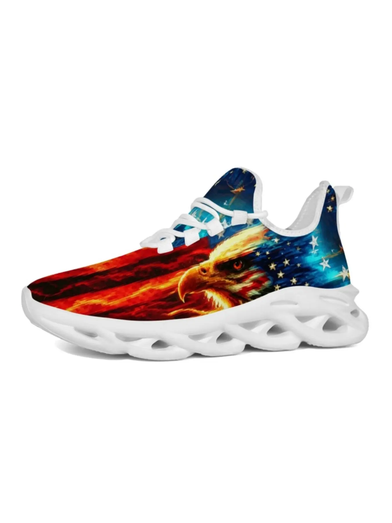 Unisex Athletic Sneakers, Flame Star-Spangled Eagle Print, Soft Sole, Breathable, Durable, Anti-Slip, Multifunctional, Walking Shoes