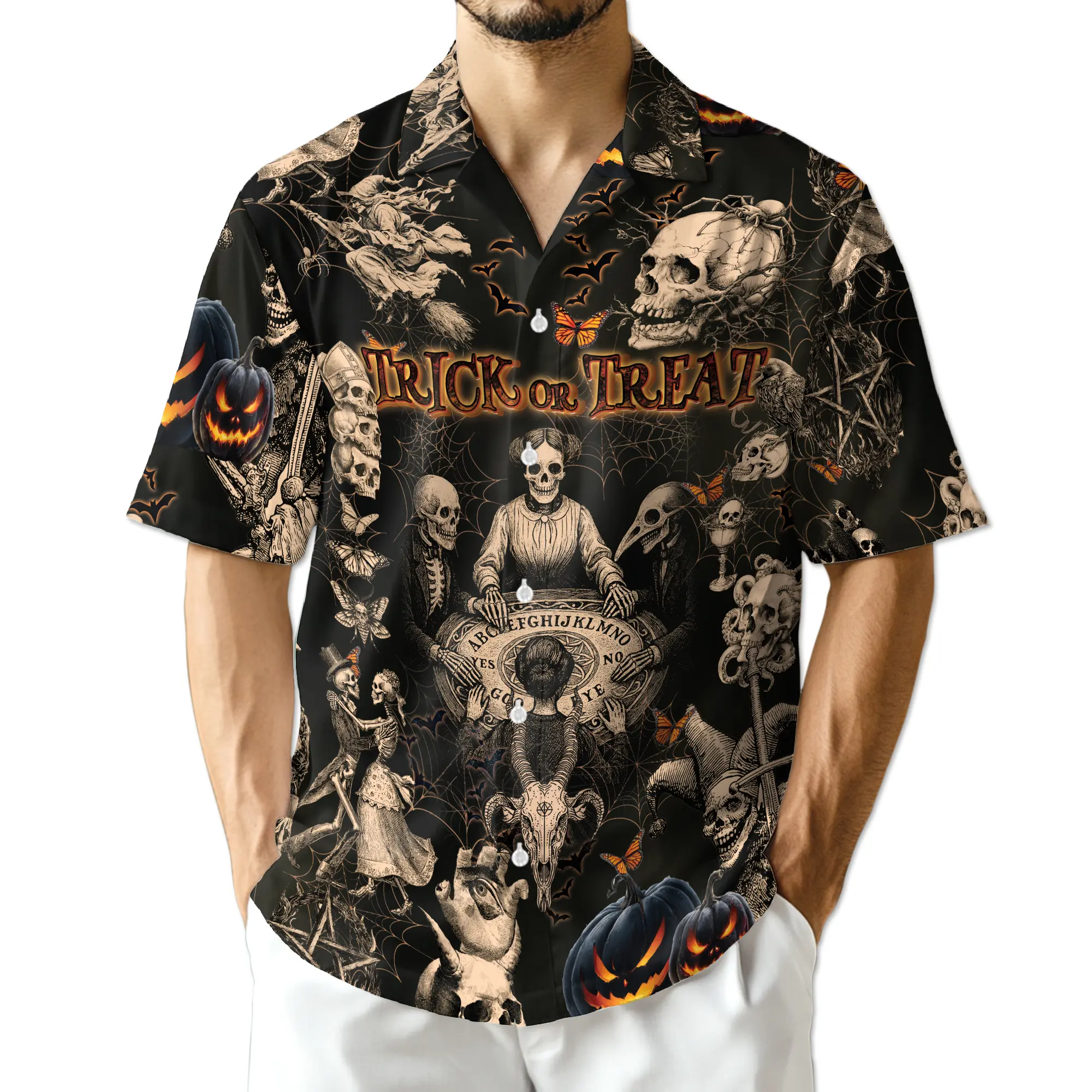 Skeleton Halloween Hawaiian Shirt for Men Trick or Treat Spirit Board Pumpkin Short Sleeve Button Down Spooky Party Shirt