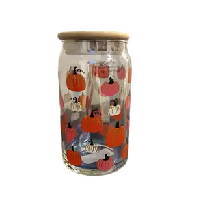 Drinkware Pumpkin Fall Glass Tumbler with Bamboo Lid and Glass Straw
