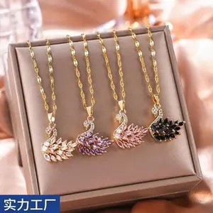 2026 New Elegant Necklace in Ins Style, Titanium Steel Plated with 18K Gold, Full of Diamonds, Swan Design with Zirconia Inlaid Lip Chain