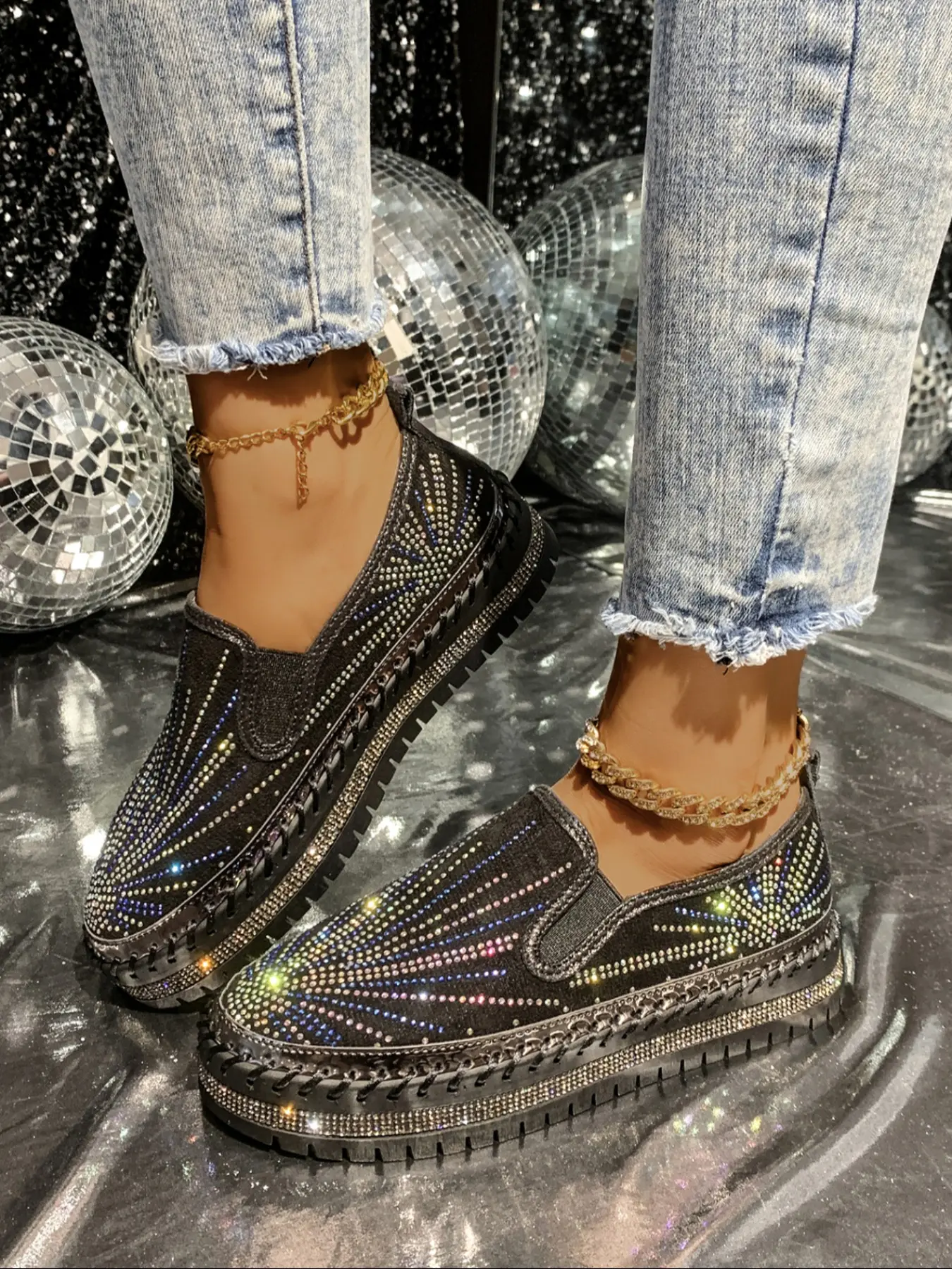 Colorful Sequins Rhinestone Elastic Band Platform Bag, Anti-Slip Women's Fashion Flatform Shoes, Comfortable Trendy Footwear for All Occasions, Slip On Style, Casual Trendy Shoes
