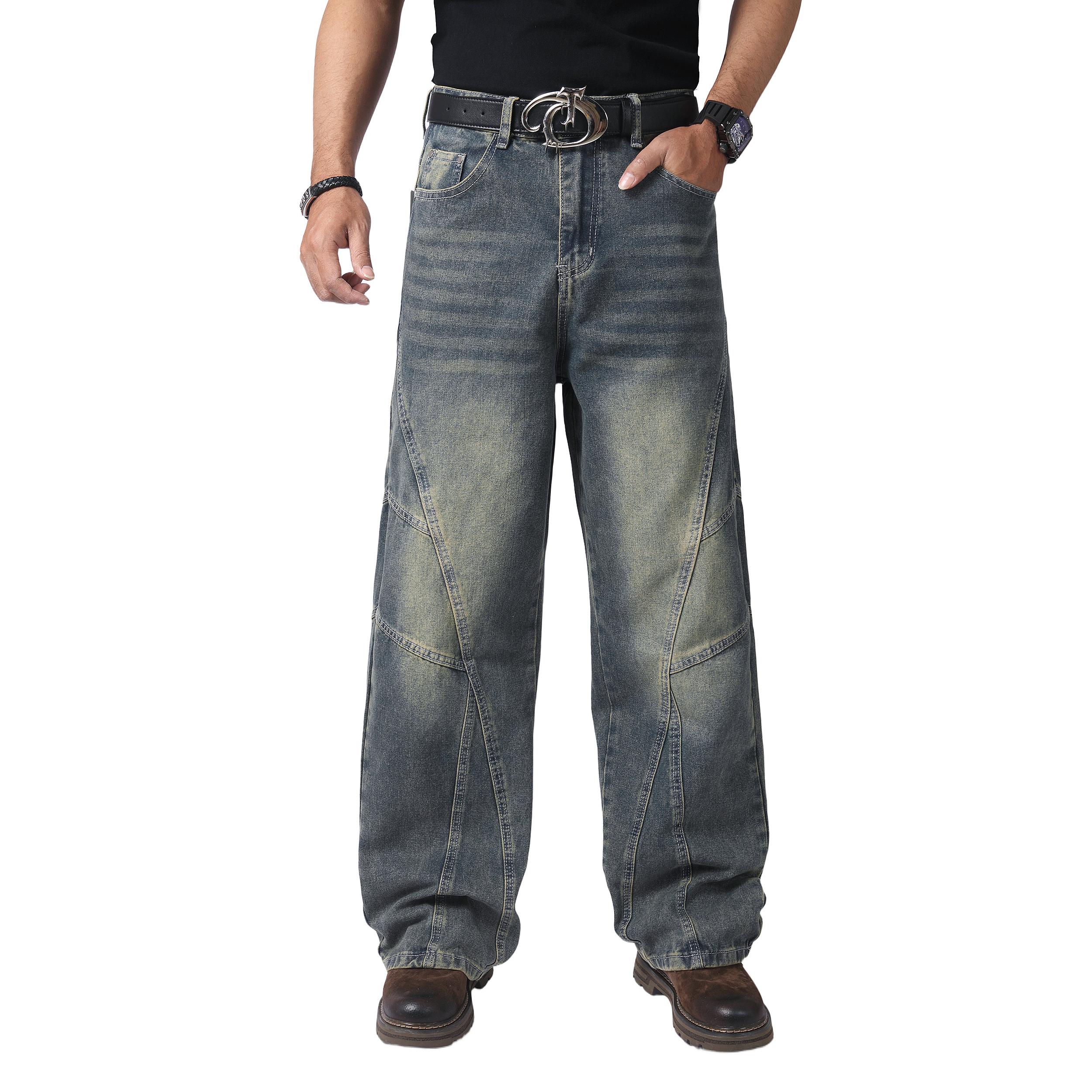 JUNBAOSS Men's Baggy Hip Hop Jeans Y2K Casual Vintage Wide Leg Skater Denim Pants Loose Fit Long Trousers 2000s Streetwear Mens Irregular Sutures Skateboard Steampunk Baggy Jeans Plain Pants Pockets