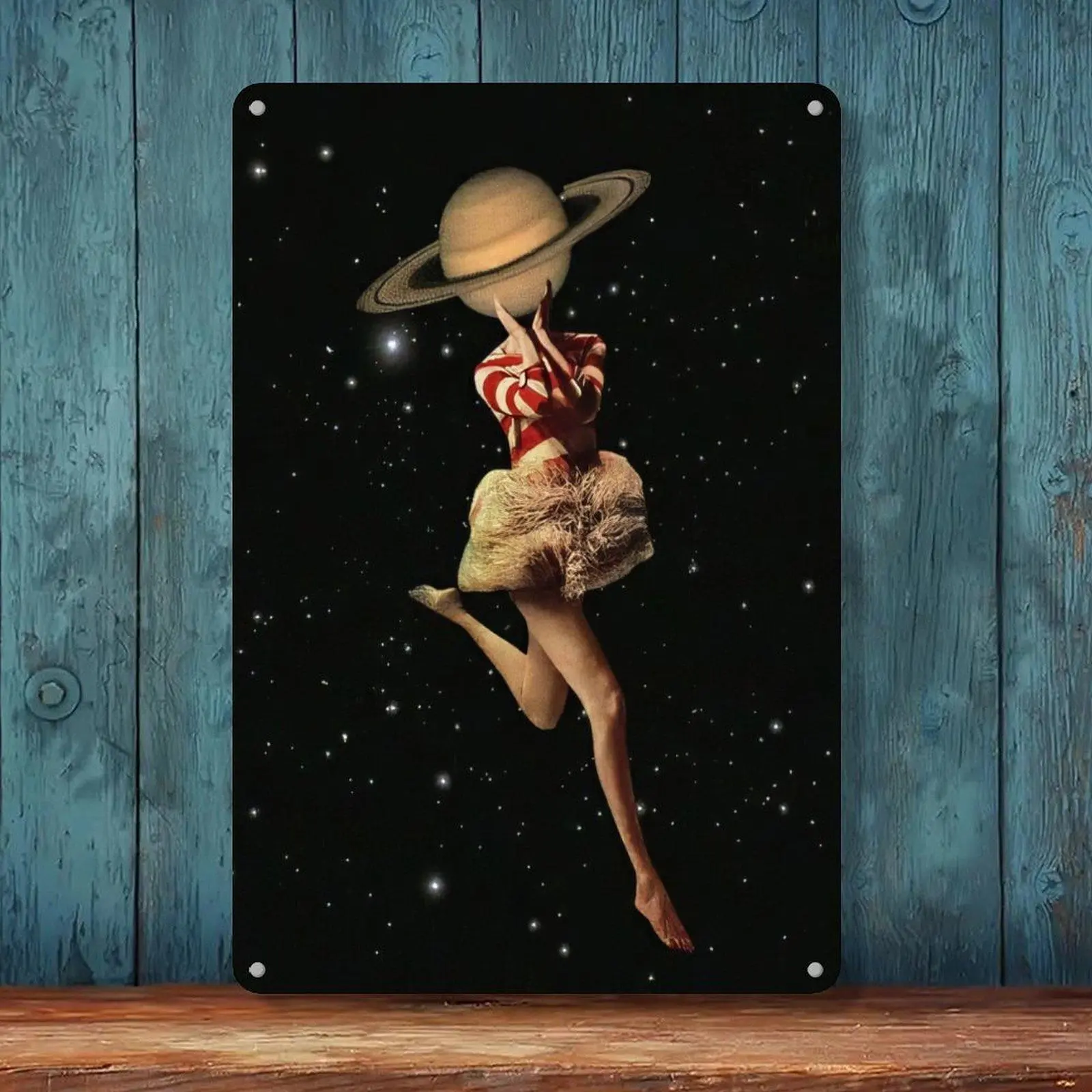 Surreal Saturn Head Dancer Wall Art 8x12in Retro Outer Space Collage Print Vintage Galaxy Aesthetic Wall Hanging Decor For Bedroom Living Room