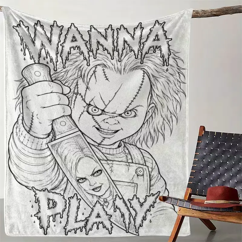 1pc Halloween Themed Adult Coloring Blanket - Killer Pattern Flannel Throw Blanket, Suitable for Beds, Sofas, and Travel | Portable Shawl with English Coloring Pages, Multifunctional Adult Gift, Hand-Drawn Design for Home and Outdoor Use