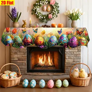 Easter Fireplace Mantel Scarf Eggs Tulips Daffodils Butterflies Warm Glow Pattern Design Polyester Living Room Kitchen Mantel Decoration Easter Home Decor Holiday Fireplace Decoration