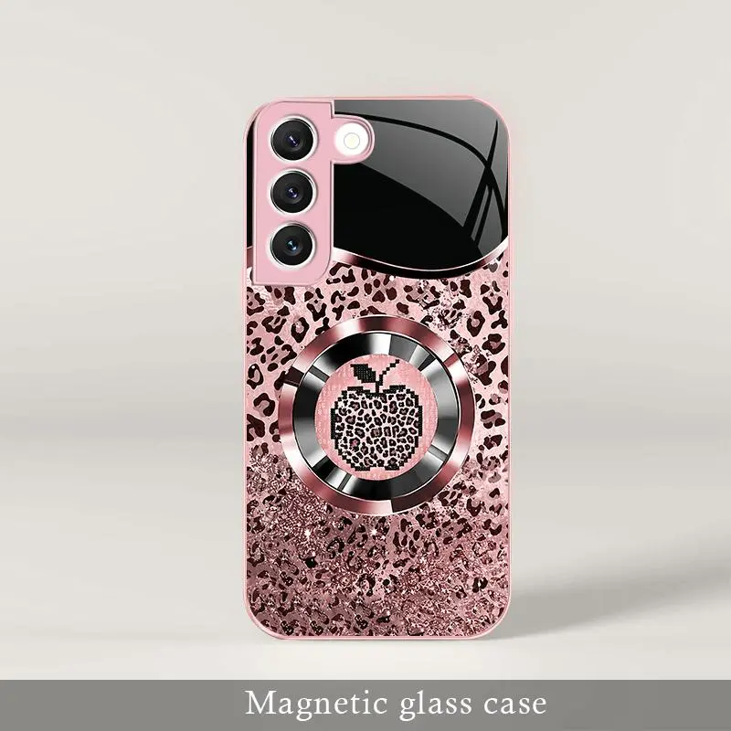 Trending “Affordable Luxury” Pink Glitter Mermaid Scale & Leopard Print MagSafe Glass Case for Galaxy S22 5G — 9435