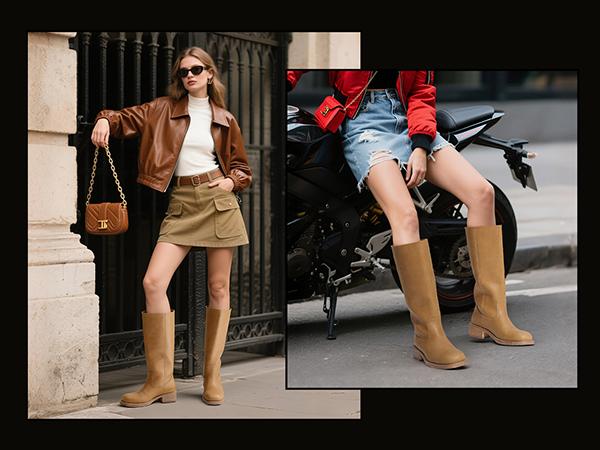 JUST FAB Women's Banana Knee High Boots Square Toe Eco Leather Cowboy Boots, Pull-On Block Heel Western Fashion Boots for Fall Chunky Riding Boots Low Heel Shoe Footwear Stylish Leather Platform Campus Boots for Comfortable Riding Tall Boots BackToSchool