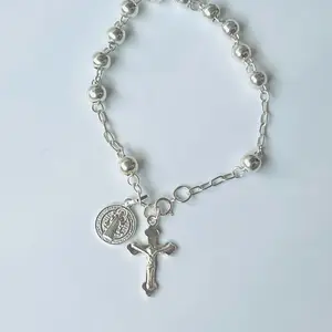 Rosario en Pulsera misterio en pulsera Decenario. Con Medalla de San Benito y Crucifijo. Flexible size 7 Plata Mexicana 925 Bracelet