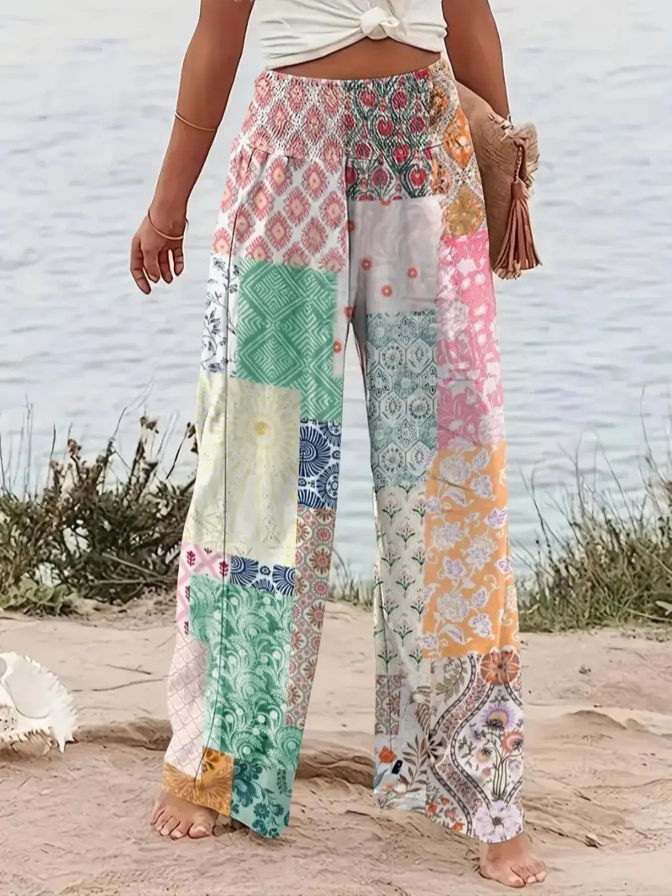 Plus Size Women's Patchwork Print Shirred Wide-Leg Pants, Lounge Pants, Casual Comfy Pants, Bohemian Boho High Waist Trousers for Daily Vacation Holiday Wear, Bottoms for All Seasons