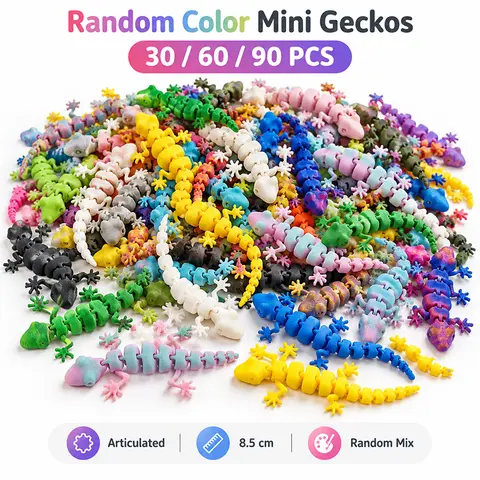 3.54in Colorful PLA Plastic 3D Printed Collectible Figurines Gecko Set, Reusable Eco-Friendly Kids-Friendly (Ages 3 and Up) Mini Ornaments with Movable Limbs, Lightweight, 30/60pcs, Halloween Decor, Party Favors, Carnival Supplies