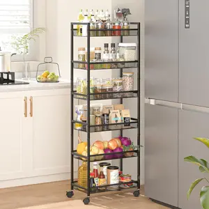6 Tier Slim Rolling Cart, Mobile Shelving Unit Organizer Cart with Wheels, Wire Rack with Baskets for,, Laundry & Living Room, 10in(W) Black