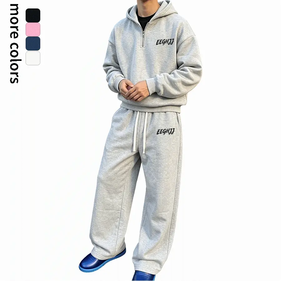 Unisex light gray autumn streetwear set for back-to-school and vacations, featuring a half-zip hooded sweatshirt with “EEGHJJ” lettering print + wide-leg sweatpants, comfortable outfit suitable for everyday wear.