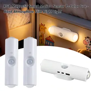 RGB Magnetic Smart Motion Sensor 7-Color Gradient Slim Night Light USB Rechargeable Dimmable Wall Lamp for Entryway Bedside Desk Hallway Stairs Bedroom Decor