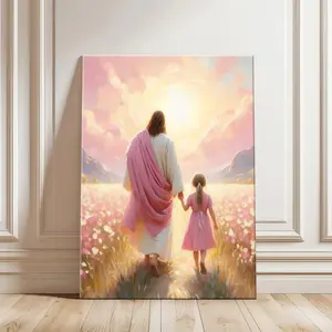 Easter Gift for Girl, Jesus Walking with Little Girl Canvas Wall Art, Christian Nursery Decor, Pink Baptism Present for Daughter, Religious Baby Room Print